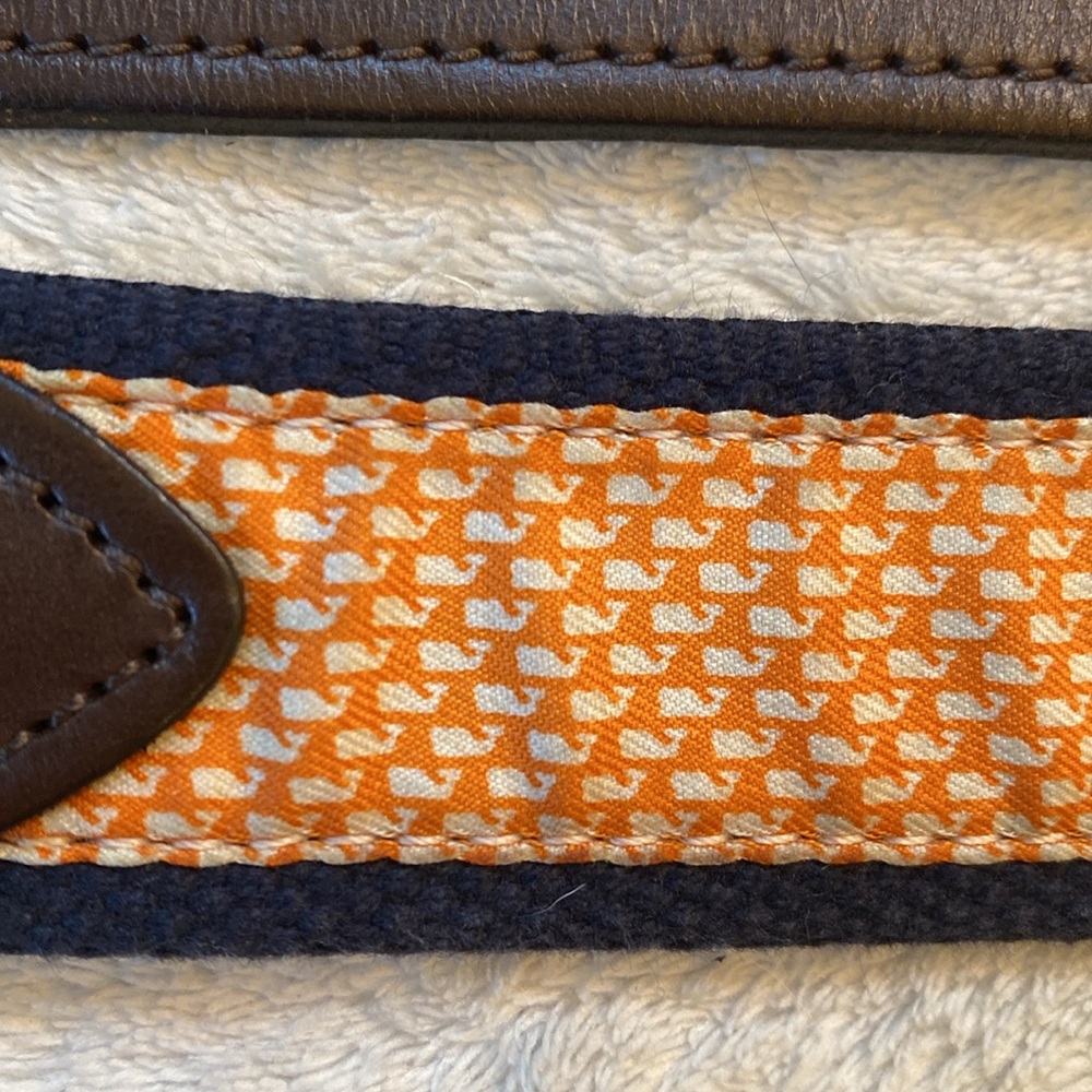 Vineyard Vines orange white whale navy canvas brass buckle leather accent belt - Picture 5 of 7